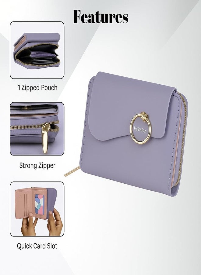 PRANIJ Small Leather Bifold Wallet for Women Fashion Compact Slim Credit Card Holder with Zipper Coin Pocket, Mini Clutch Purse for Girls (Pale Purple) - Image 3
